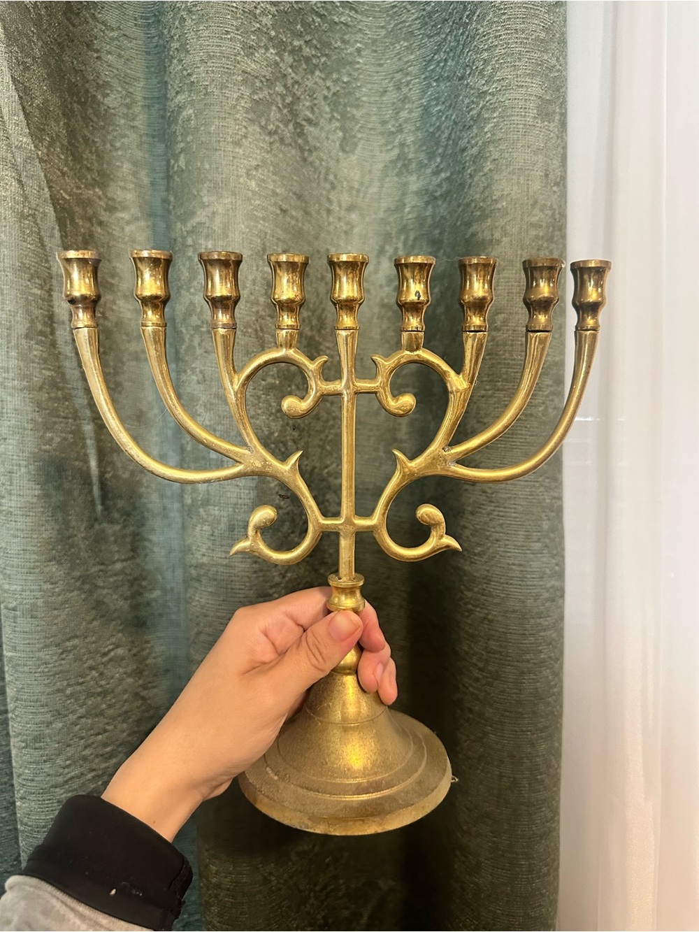Vintage Brass Seven-Branch Menorah - Elegant Gold Finish Hanukkah ornate curved